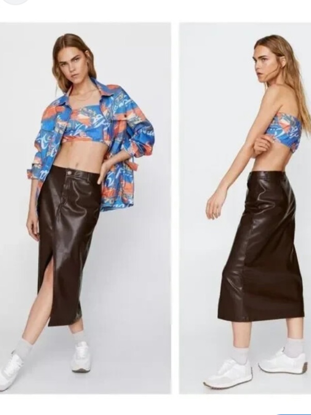 Nasty Gal women’s Faux Leather split front midi skirt in Chocolate Brown, size 8